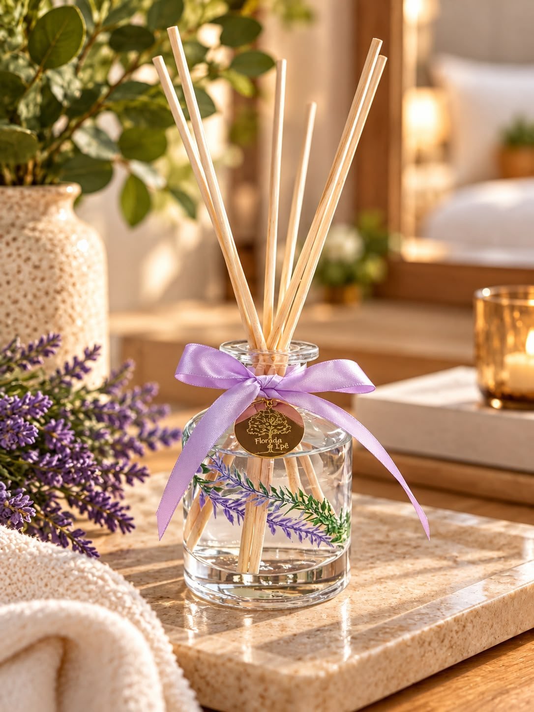 Difusor de varetas com laço lilás e ramos de lavanda, ao lado de uma vela acesa