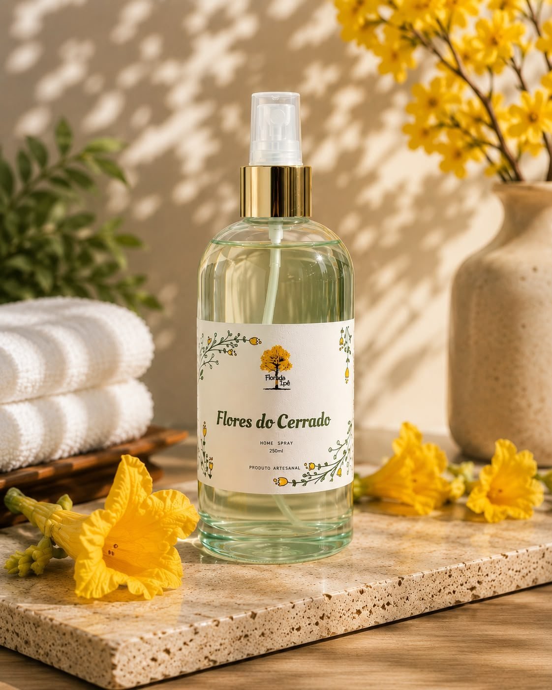 Home spray Flores do Cerrado sobre bandeja de pedra, com flores amarelas e toalhas brancas